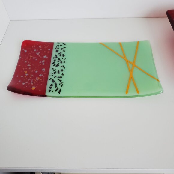 Vintage Fused Glass Serving Platters Mint Green Opaque Red Decorative Party Two - Picture 6 of 9